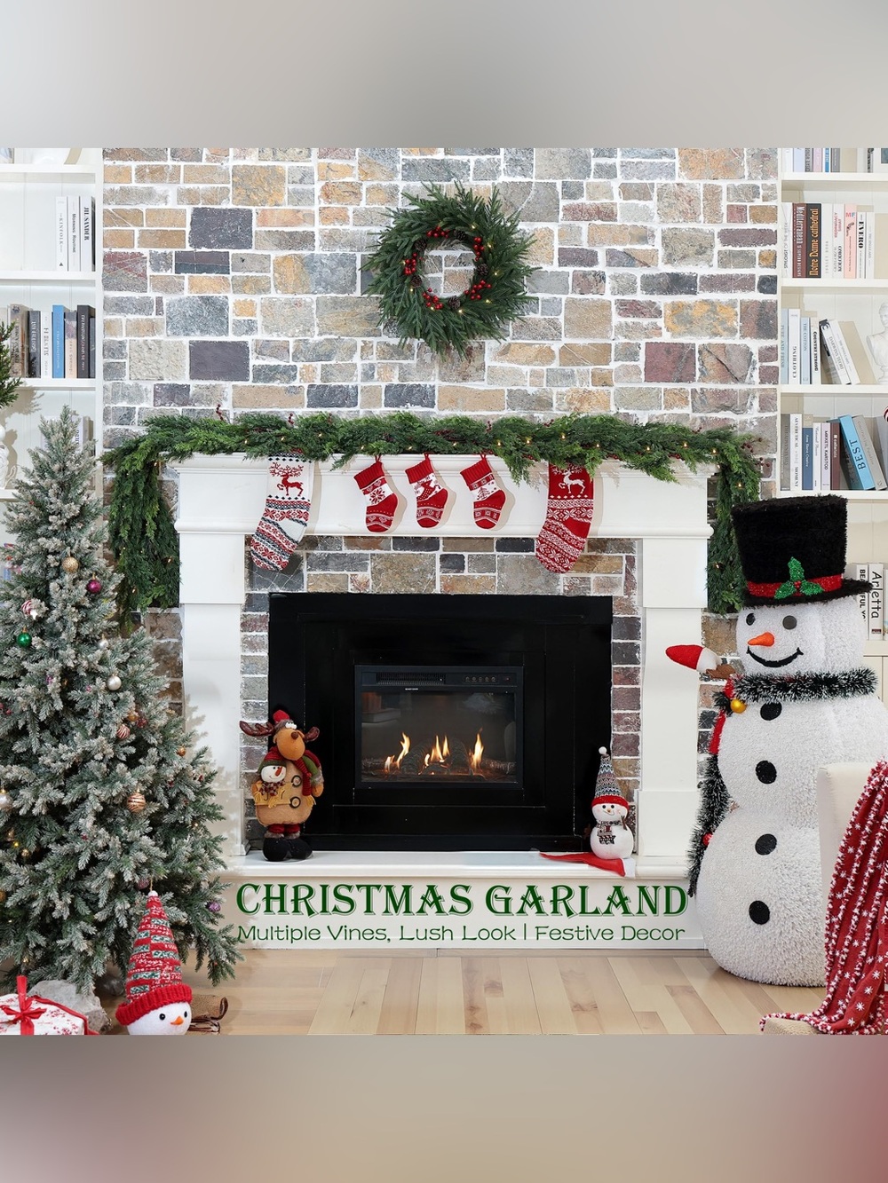 6 Feet Christmas Garland Decorations - Real Touch Cedar - Free LED String Lights